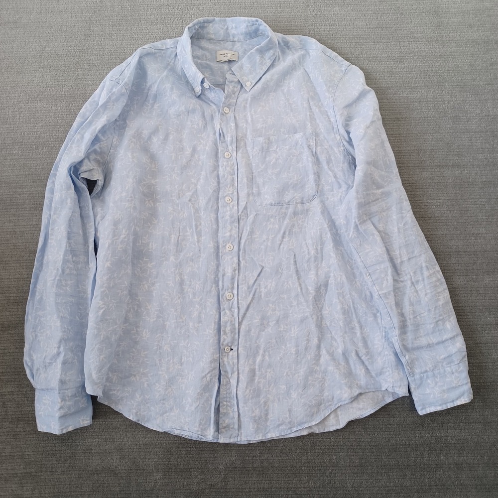 Club Monaco Linen Shirt Mens L Blue Floral Print Button Down Lightweight Resort